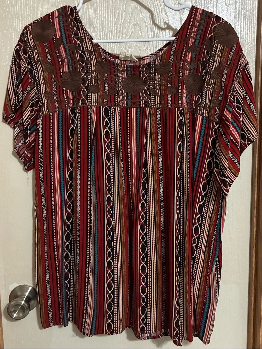 Embroidered Stripe Red Boho Tunic Top